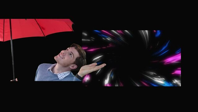 Animation of happy caucasian man with red umbrella and colorful lights moving over black background