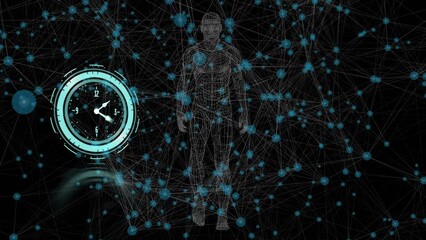 Animation of moving clock over molecules and walking human model on black background - Powered by Adobe