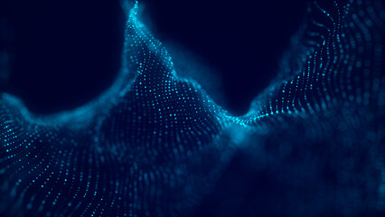 Abstract futuristic wave with moving dots. Flow of particles. Cyber technology illustration. 3d rendering