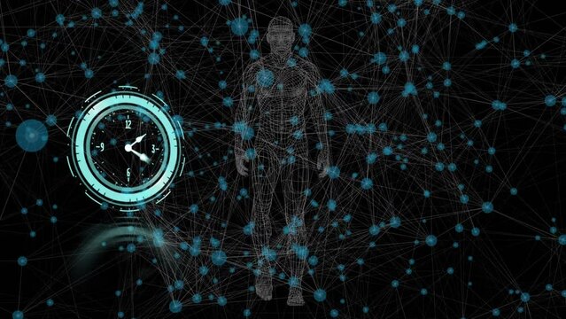 Animation of moving clock over molecules and walking human model on black background