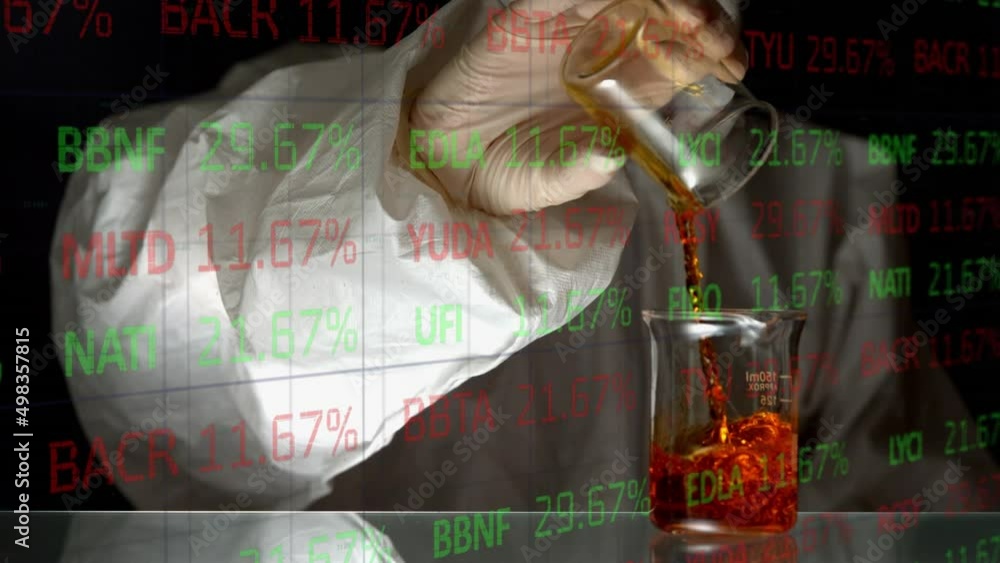 Poster animation of financial data processing over lab worker pouring reagent into lab glass