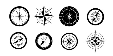 Vector illustration set icons compass on white background. Monochrome cartography and topography symbol wind rose in flet style.