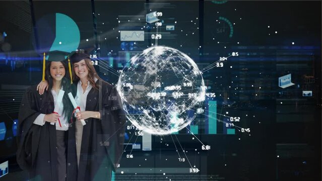 Animation of diverse graphs, data and rotating globe over diverse women after graduation