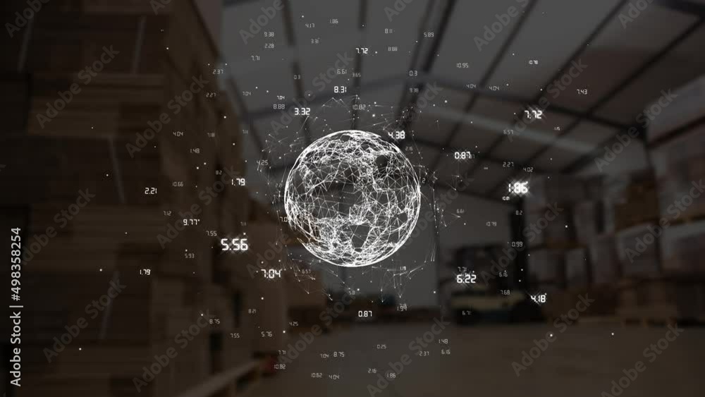 Poster animation of globe and network of connections with numbers over warehouse