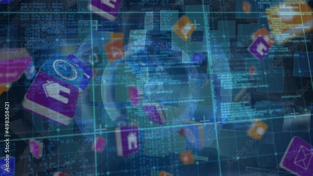 Poster animation of digital data processing and icons over grid and squares