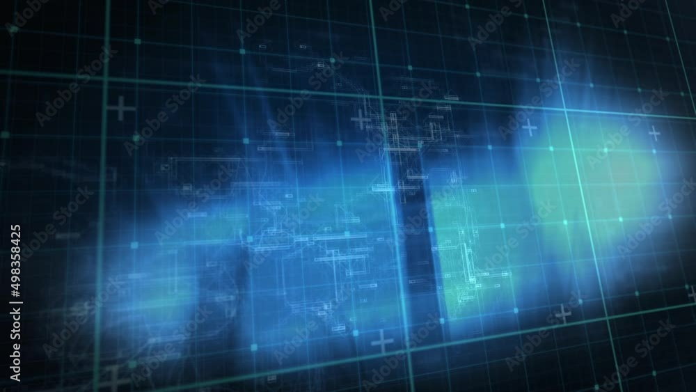Poster animation of digital data processing over grid and glowing background