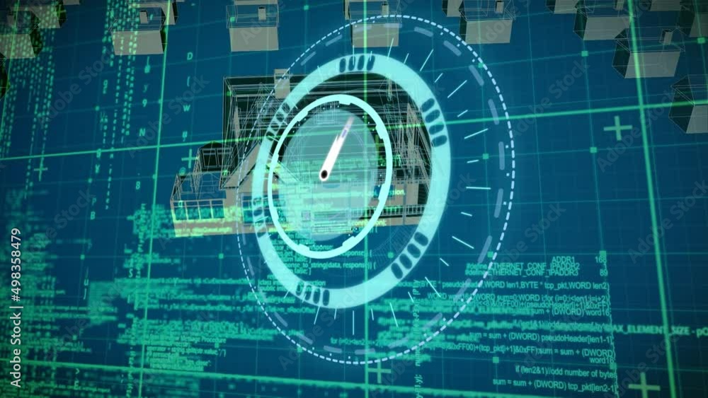 Poster Animation of clock moving over data processing and house project