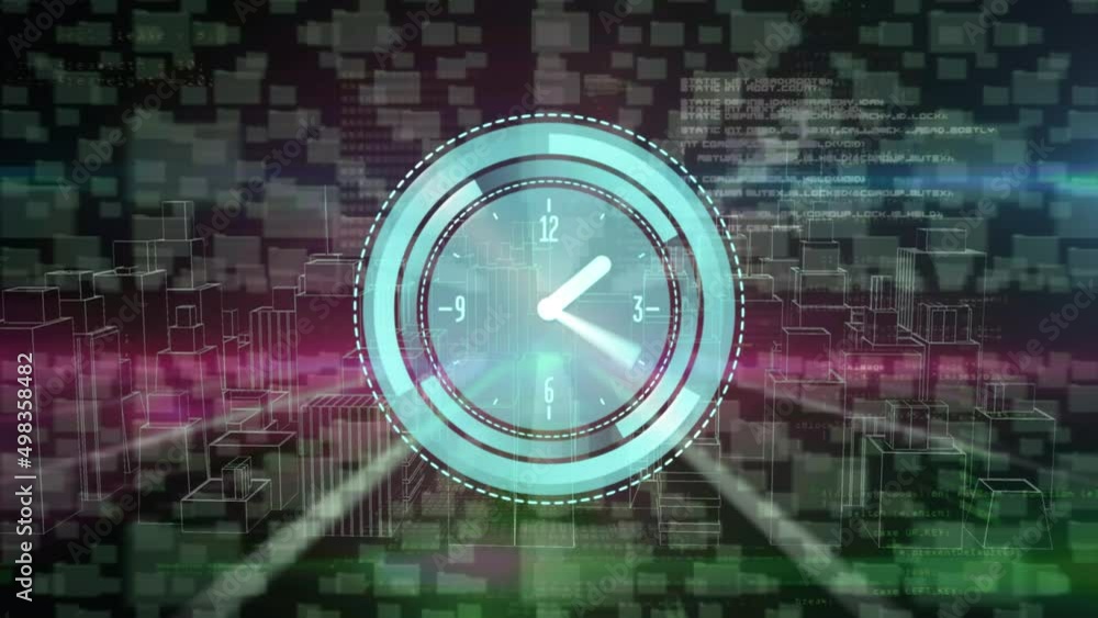 Poster animation of clock moving over data processing and metaverse city