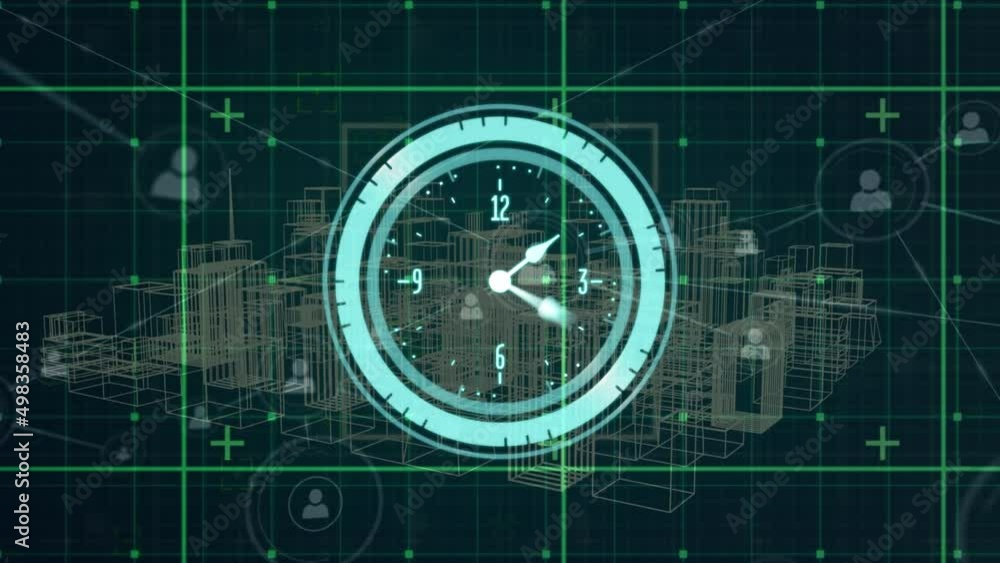 Poster animation of clock moving over data processing, icons and metaverse city