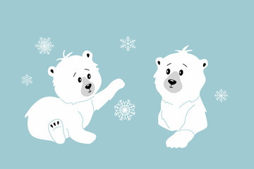 Two cute funny polar bear baby. Cartoon characters for kids. Hand drawn vector illustration isolated on blue background with snowflakes. Modern trendy flat style.