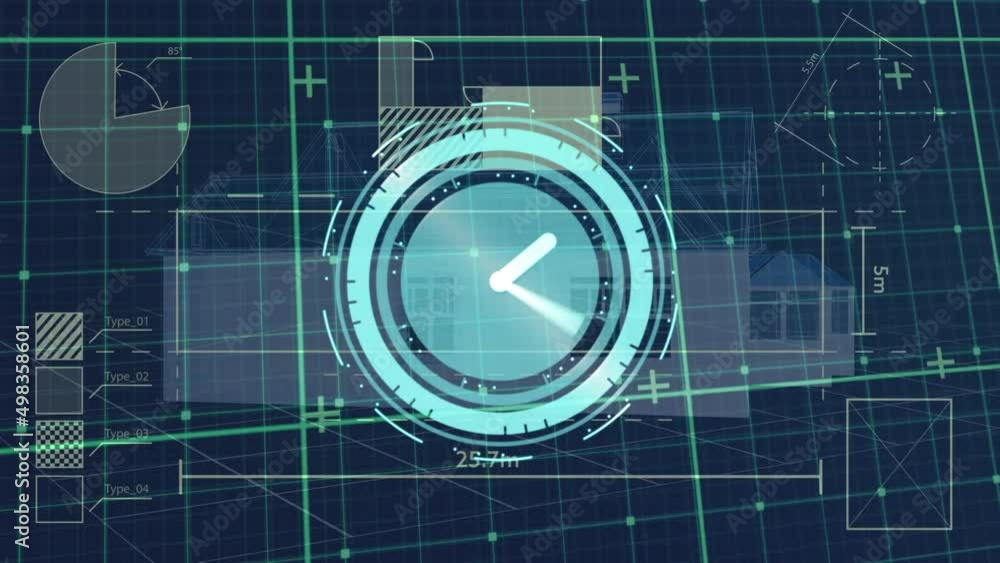 Poster animation of clock moving over diverse data and house project