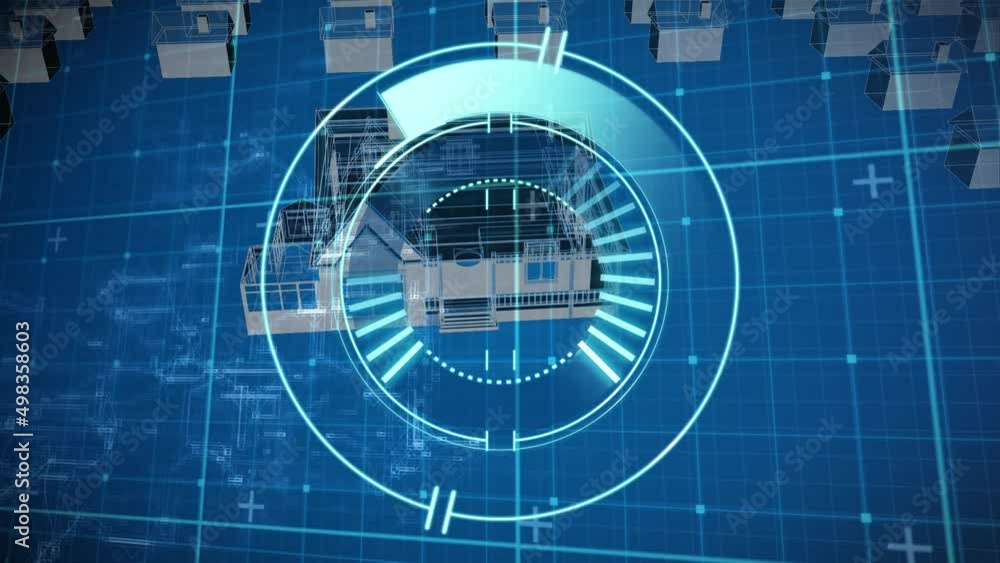 Poster animation of processing circle over hose projects on blue background