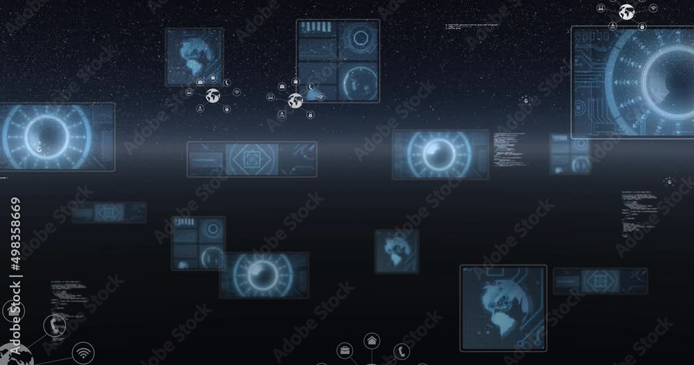 Poster animation of scopes scanning and data processing with globes