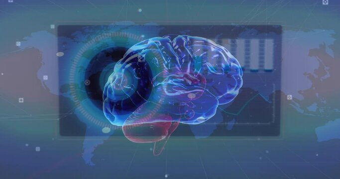 Animation of human brain, data processing over world map