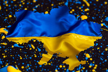 Outline Map of Ukraine with waving Ukrainian national flag