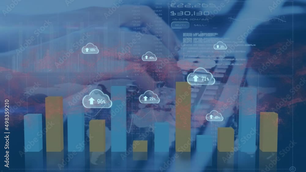 Poster animation of clouds with numbers over graphs and hand writing on laptop on blue background