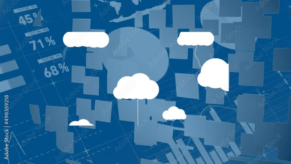 Poster animation of clouds and purple shapes over graphs and data on blue background