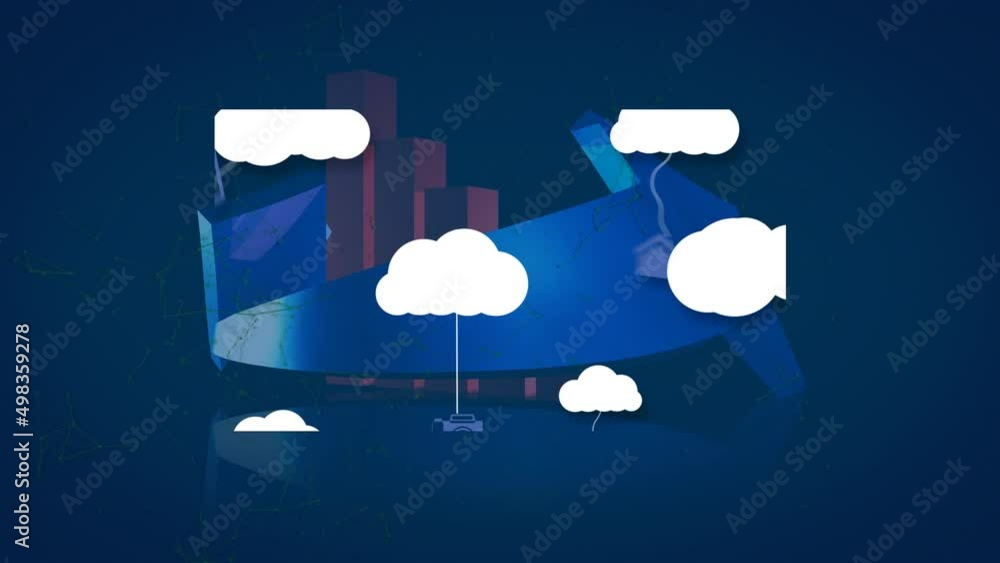 Poster animation of clouds with technology icons over graphs and arrow on blue background