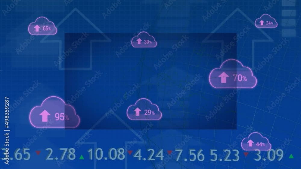Poster animation of clouds with numbers over graphs and arrows on blue background
