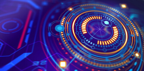 Technology neon background.Engineering innovation.HUD digital design .3d illustration.