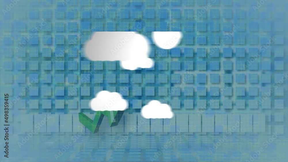 Poster animation of clouds with technology icons over arrow and graph on blue background