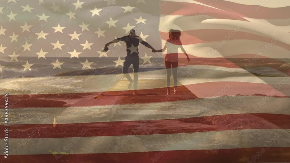 Canvas Prints Animation of flag of usa over african american couple at beach