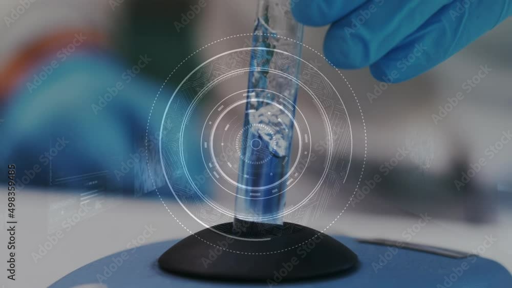 Poster animation of scope scanning and data processing over close up of scientist working in lab