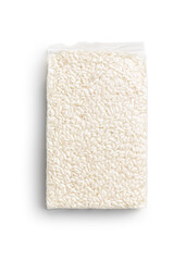 Packed Carnaroli risotto rice isolated on white background.