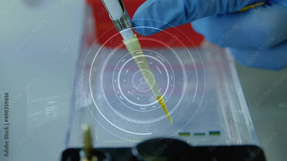 Poster animation of scope scanning and data processing over close up of scientist working in lab