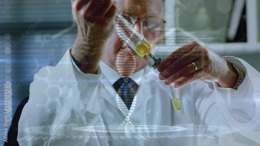 Poster animation of dna strand and data processing over caucasian male scientist working in lab
