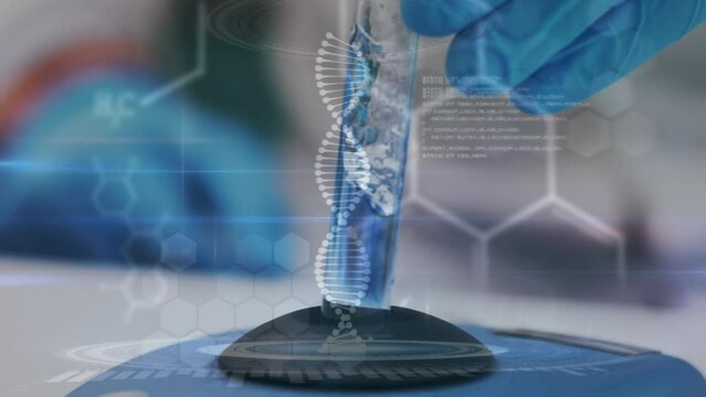 Animation of dna strand and data processing over close up of scientist working in lab