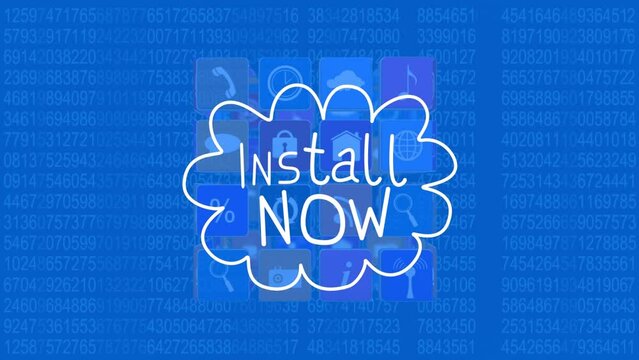 Animation of install now text and icons over binary coding on blue background