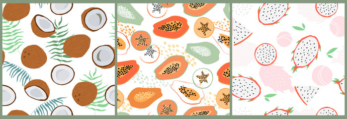 A set of seamless pattern with coconut and palm leaves, papaya, passion fruit. Tropical abstract summer print with fruit. Vector graphics.