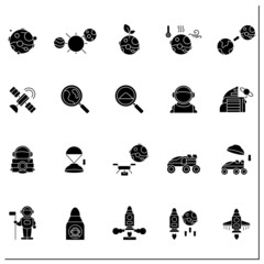 Mars landing glyph icons set. Uninhabited planet. Researching sample. Exploring New Planet. Cosmos concept.Isolated vector illustrations - obrazy, fototapety, plakaty