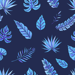Fototapeta premium Vector seamless pattern with tropical leaves. Tropical botanical motives. Vector illustration. Summer decoration print for wrapping, wallpaper, fabric.