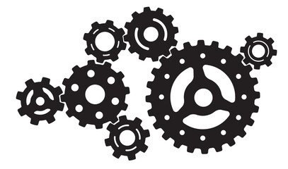 Mechanism of  black spinning gears on white background.