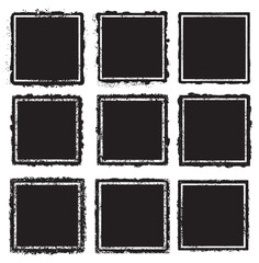 Set of nine grunge square white frames  on a black background