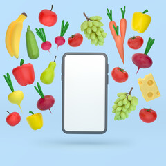 Grocery shopping online. Order food through the mobile phone application. concept to buy and pay for products with delivery. 3d illustration.