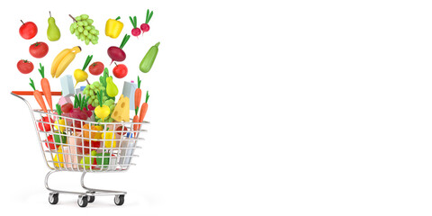 Shopping cart with groceries. Full metal grocery or food basket with products isolated on white. 3d illustration.
