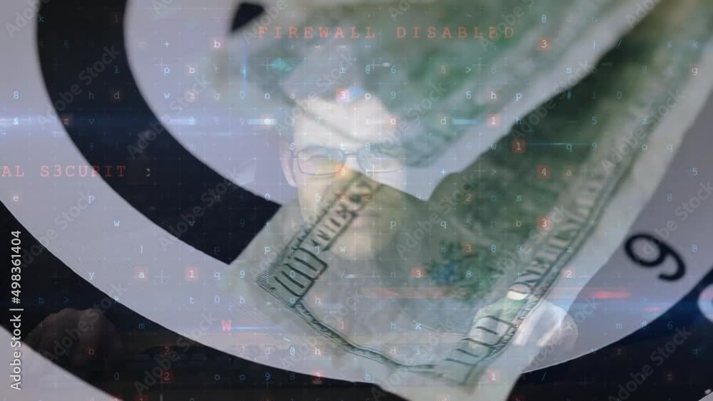 Poster animation of moving data processing over man using computer and banknote