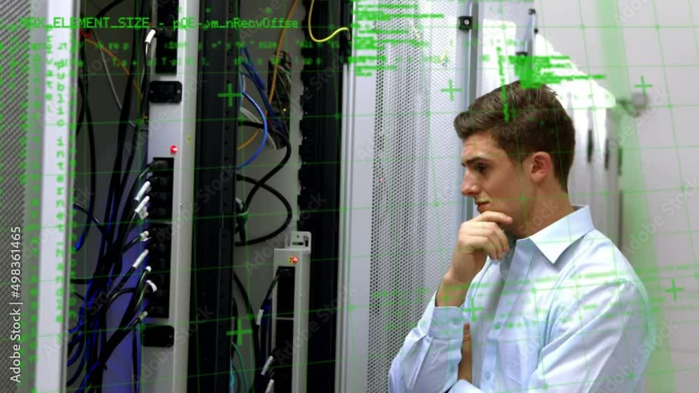Poster animation of data processing over caucasian man in server room