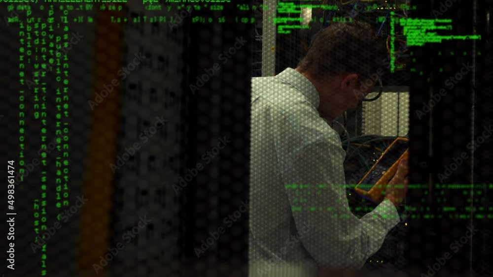 Poster animation of data processing over caucasian man in server room