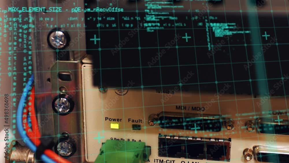 Poster animation of data processing over close up of computer server