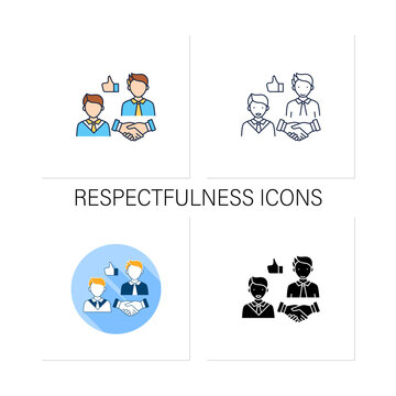 Respectfulness icons set. Respect between communicators.Strong personality. Effective communication.Collection of icons in linear, filled, color styles.Isolated vector illustrations