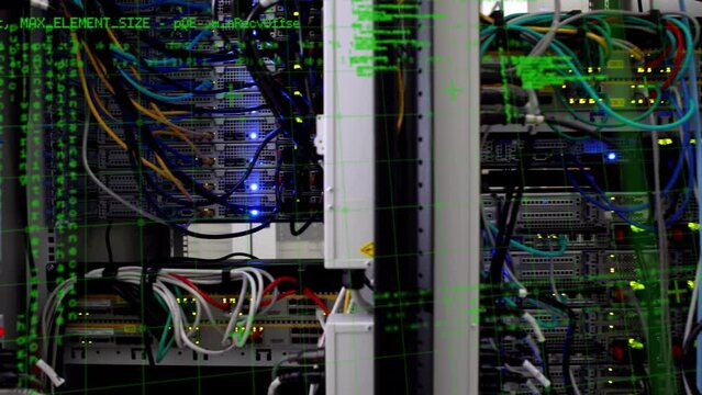 Animation of data processing over close up of computer server