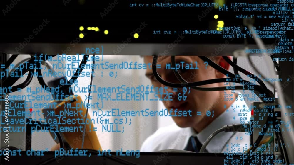 Poster animation of data processing over caucasian man in server room