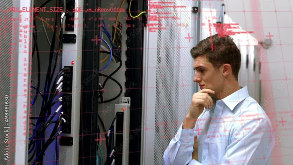 Poster animation of data processing over caucasian man in server room