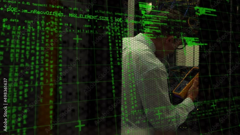 Poster animation of data processing over caucasian man in server room