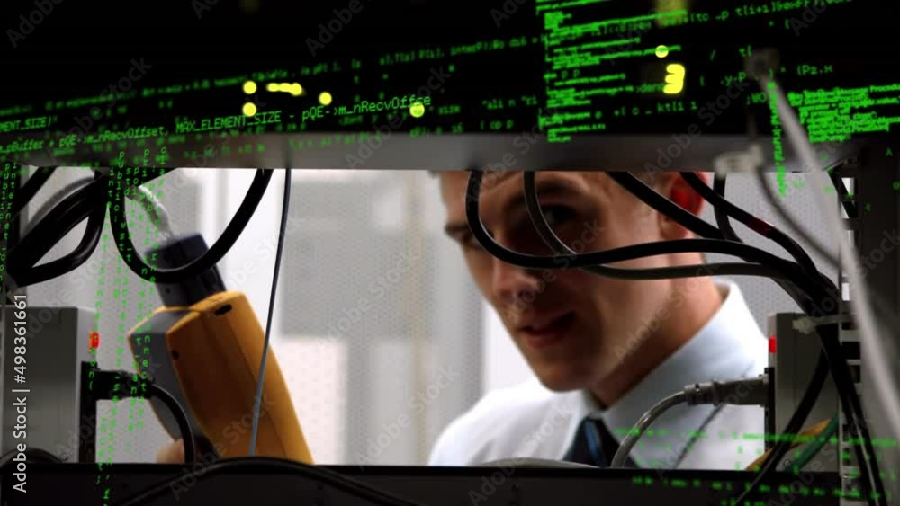 Poster animation of data processing over caucasian man in server room