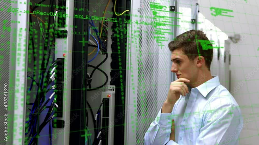 Poster animation of data processing over caucasian man in server room